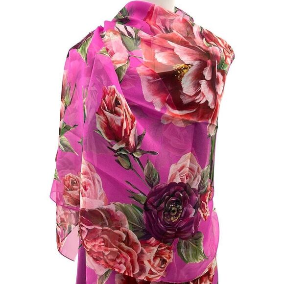 Dolce & Gabbana Floral Rose printed luxury lightweight silk scarf Pink - Picture 3 of 10